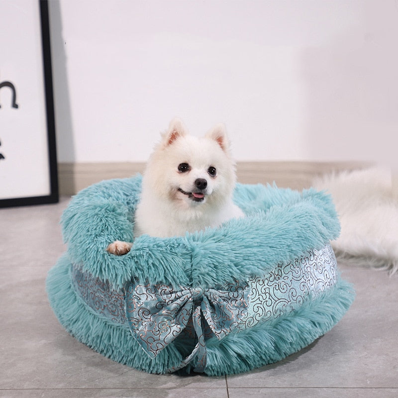 Luxury Bowknot Fluffy Round Dog Bed
